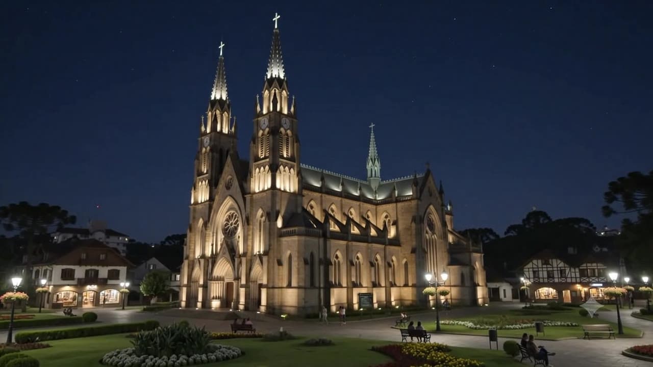 Catedral de Pedra iluminada à noite, na Serra Gaúcha